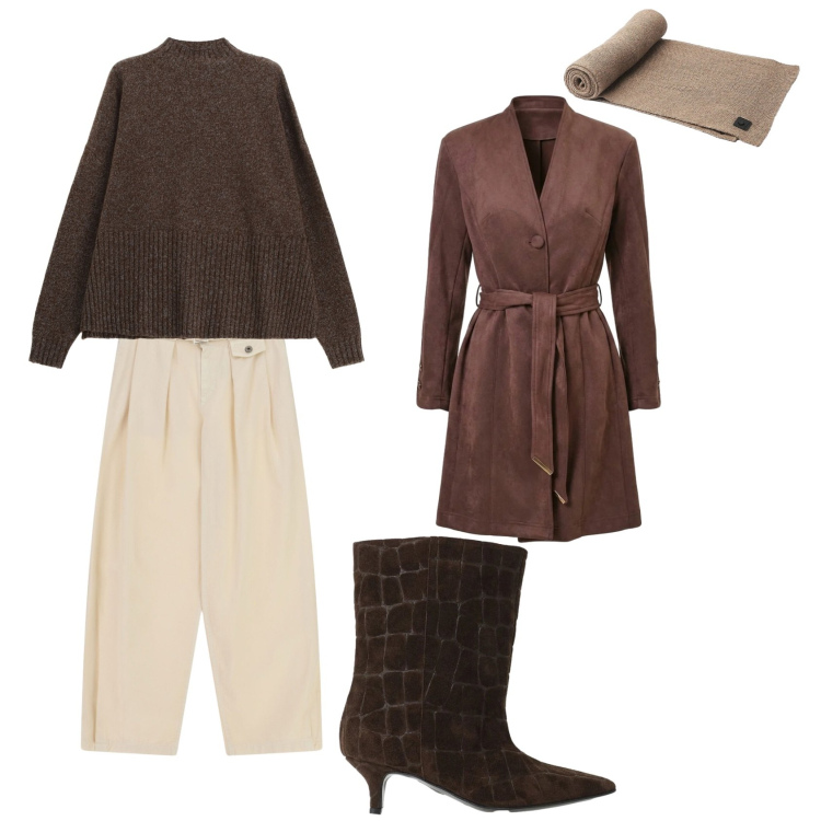 Outfit donna - Panna e cioccolato. Stile Casual chic per Tutti i giorni. Abbinamento con stivali, pantaloni a palazzo, pullovers, trench, sciarpe.