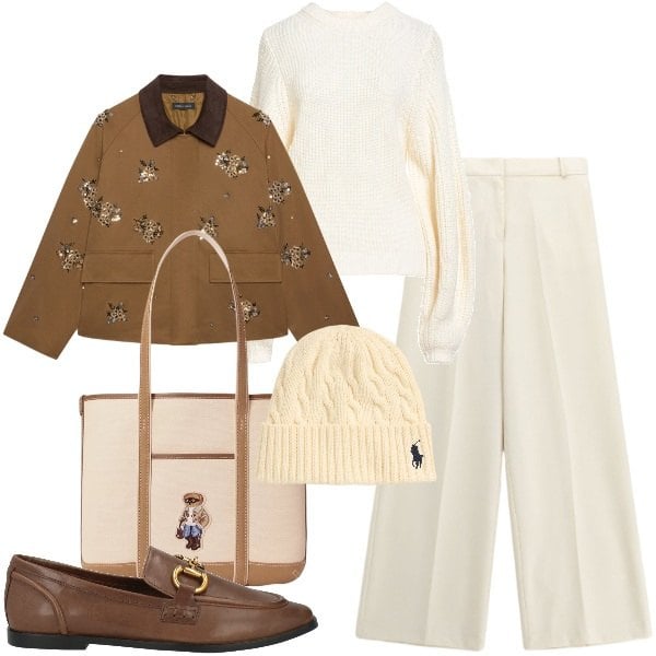 Outfit donna - Caffé latte. Stile Urban per Tutti i giorni. Abbinamento con pantaloni a palazzo, blazer, borse tote, berretti, mocassini, pullovers.