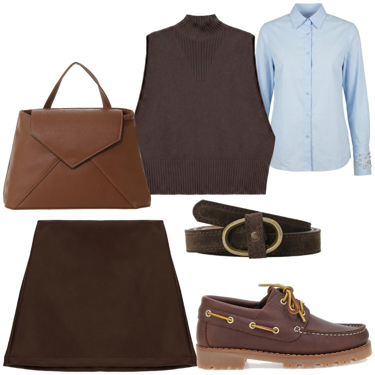 Outfit donna - Gilmore love. Stile Chic per Serata fuori. Abbinamento con gilet, borse a mano, cinture, minigonne, camicie, mocassini.