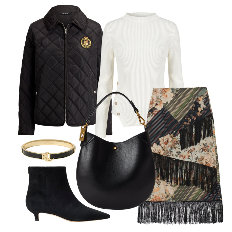 Outfit donna - Ottobre. Stile Glamour per Tutti i giorni. Abbinamento con gonne longuette, pochette, braccialetti, stivaletti, giacche, maglieria.