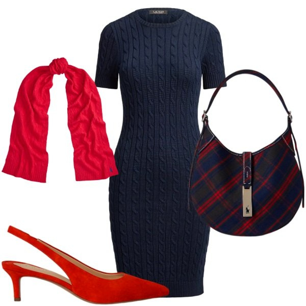Outfit donna - Blue e rosso chic. Stile Chic per Ufficio. Abbinamento con vestiti a tubino, sciarpe, décolleté, borse a spalla.