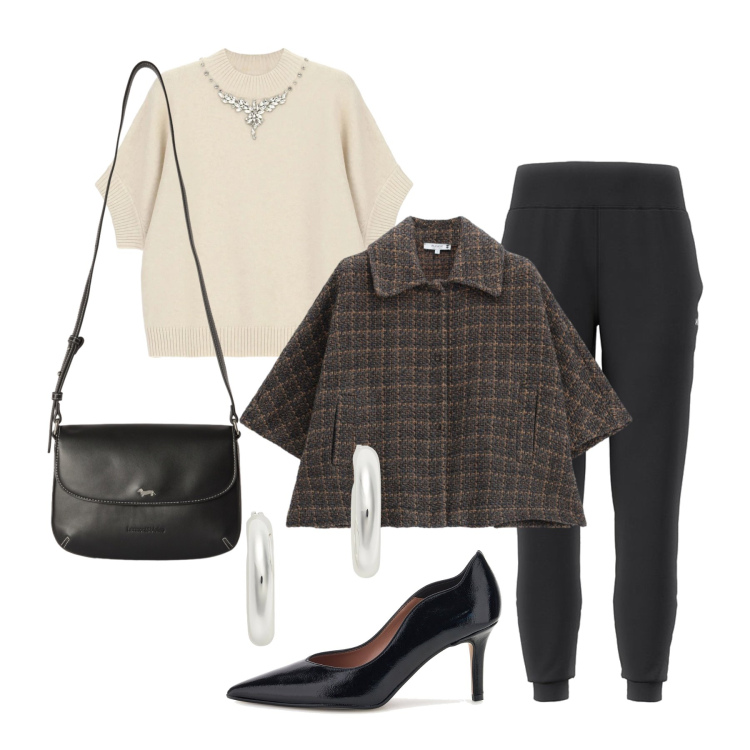 Outfit donna - Ottobre. Stile Casual chic per Tutti i giorni. Abbinamento con borse a tracolla, maglieria, orecchini, cappotti, pantaloni, décolleté.