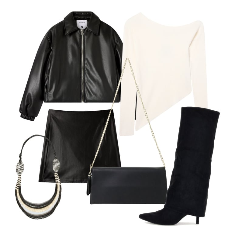 Outfit donna - Ottobre. Stile Basic per Serata fuori. Abbinamento con borse a tracolla, collane, bomber, minigonne, maglieria, stivali.