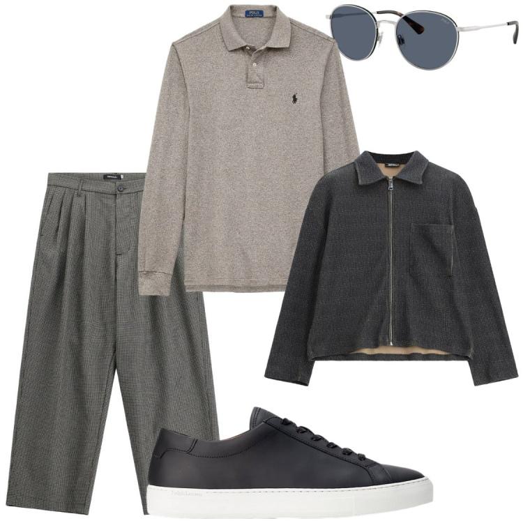 Outfit uomo - Grey mood. Stile Trendy per Ufficio. Abbinamento con pantaloni, cappotti, occhiali da sole, sneakers, polo.