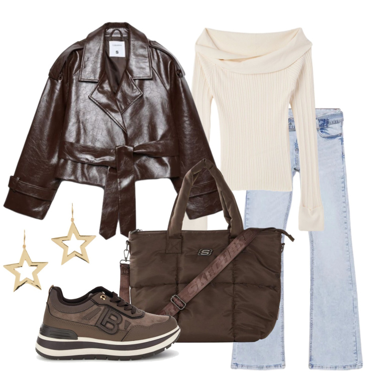 Outfit donna - Ottobre. Stile Casual chic per Tutti i giorni. Abbinamento con orecchini, jeans a zampa, trench, maglieria, sneakers, shopping bag.