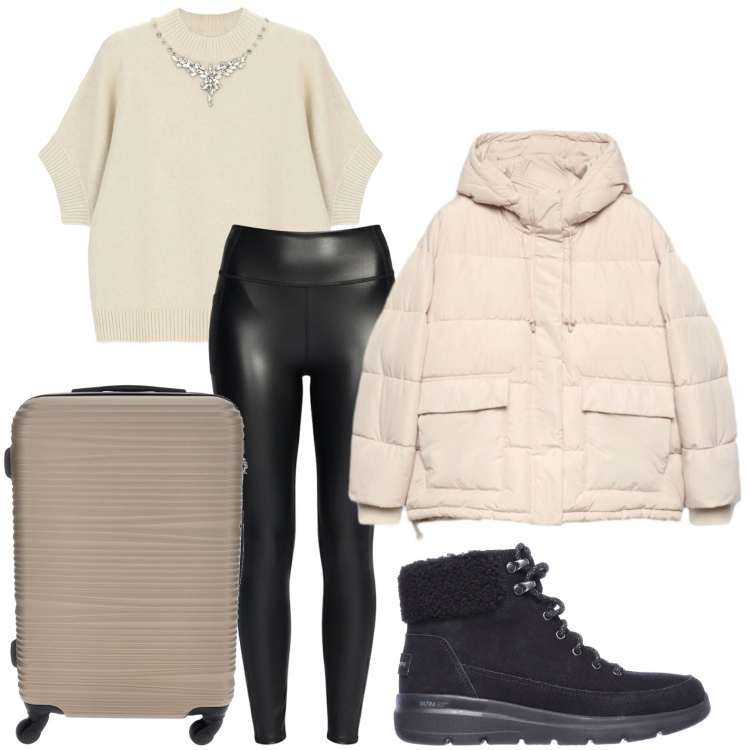 Outfit donna - Capi dinamici. Stile Casual per Tutti i giorni. Abbinamento con piumini, maglieria, leggings, stivaletti, valigie.