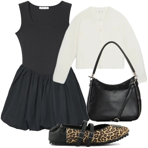 Outfit donna - Un po' fanciulla. Stile Basic per Tutti i giorni. Abbinamento con vestiti corti, cardigans, borse a mano, ballerine.