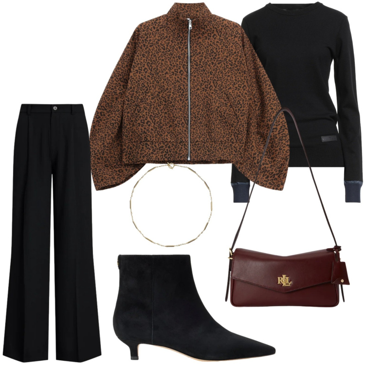 Outfit donna - Bomber deciso. Stile Glamour per Serata fuori. Abbinamento con bomber, collane, pantaloni, borse a spalla, stivaletti, pullovers.