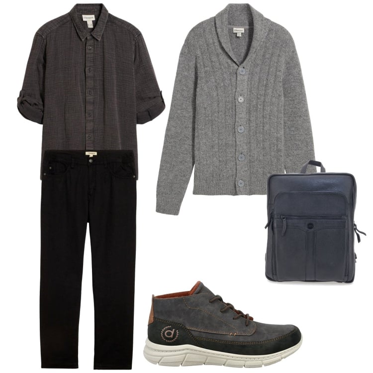 Outfit uomo - Grigio e Nero classico. Stile Urban per Tutti i giorni. Abbinamento con cardigans, pantaloni, camicie, borse sportive, stivali e stivaletti.