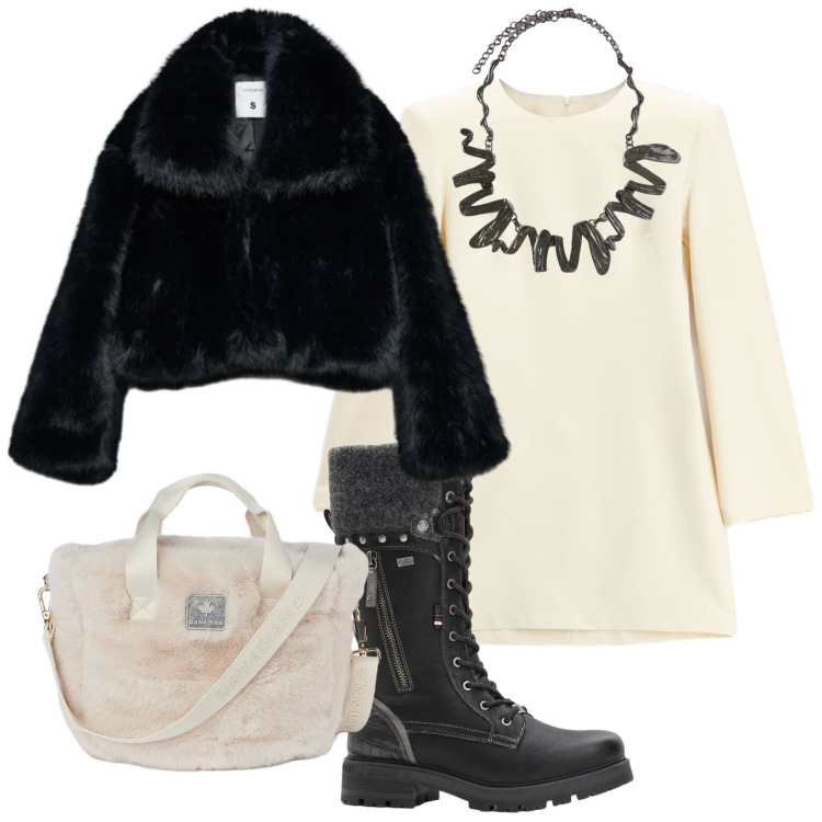 Outfit donna - Stile distintivo. Stile Basic per Tutti i giorni. Abbinamento con stivali, blazer, vestiti corti, ciondoli, borse tote.