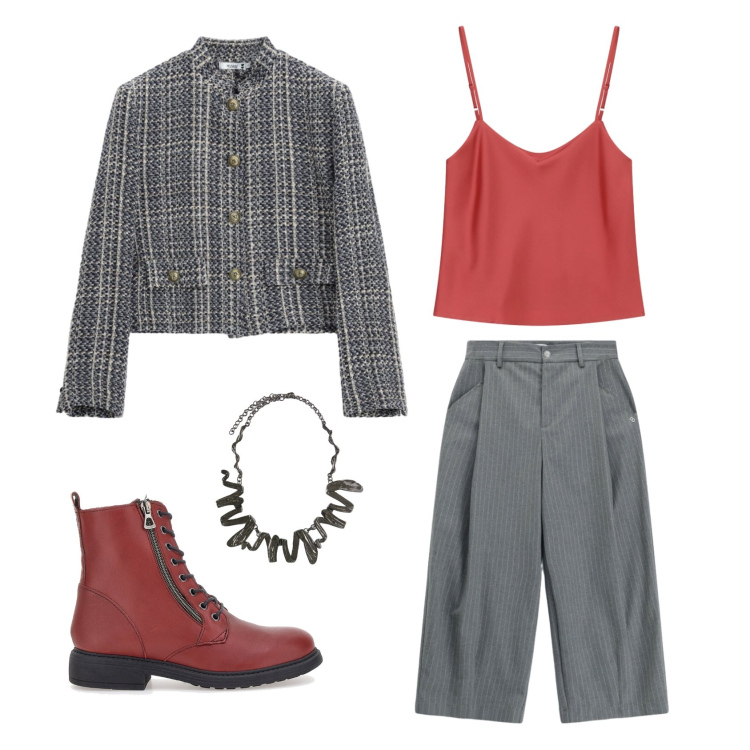 Outfit donna - Grigio e rosso. Stile Casual chic per Tutti i giorni. Abbinamento con top, ciondoli, pantaloni a palazzo, cappotti, anfibi.