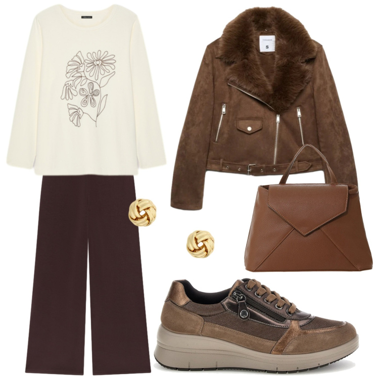 Outfit donna - Beige e Marrone daily. Stile Casual chic per Serata fuori. Abbinamento con giacche, borse a mano, t-shirt, pantaloni, orecchini, sneakers.
