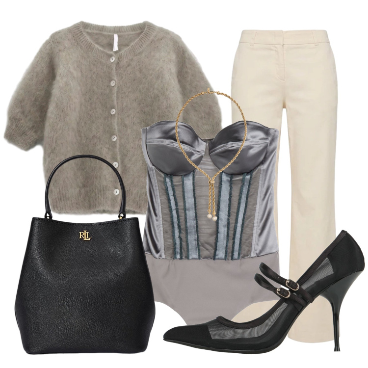 Outfit donna - Ufficio ad ottobre. Stile Sexy per Ufficio. Abbinamento con pantaloni, cardigans, collane, borse a secchiello, body, décolleté.