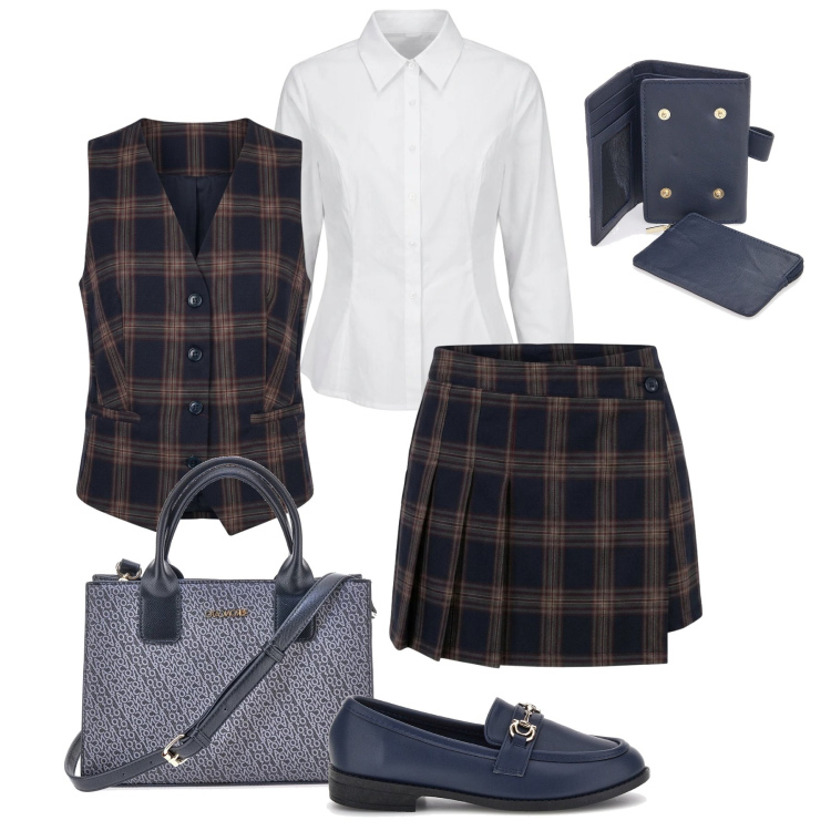 Outfit donna - Preppy Rory style. Stile Preppy per Tutti i giorni. Abbinamento con camicie, minigonne, gilet, borse a tracolla, portafogli, mocassini.