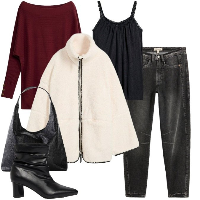 Outfit donna - Primi Freddi Autunnali: Morbidezza Trend. Stile Chic per Serata fuori. Abbinamento con blazer, jeans, maglieria, stivaletti, canottiere, shopping bag.