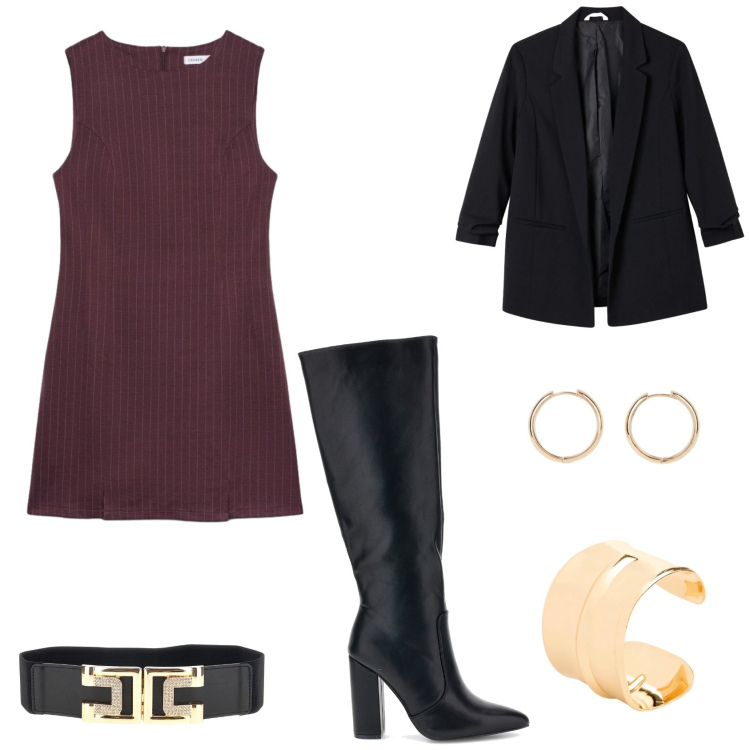 Outfit donna - Total look #2486757. Stile Glamour per Serata fuori. Abbinamento con orecchini, braccialetti, vestiti a tubino, blazer, cinture, stivali sopra il ginocchio.