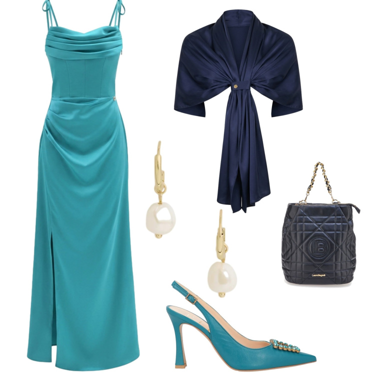 Outfit donna - Riflessi d'Ottanio & Blu Notte: Eleganza. Stile Glamour per Cerimonia. Abbinamento con orecchini, stole, vestiti lunghi, décolleté, zaini.