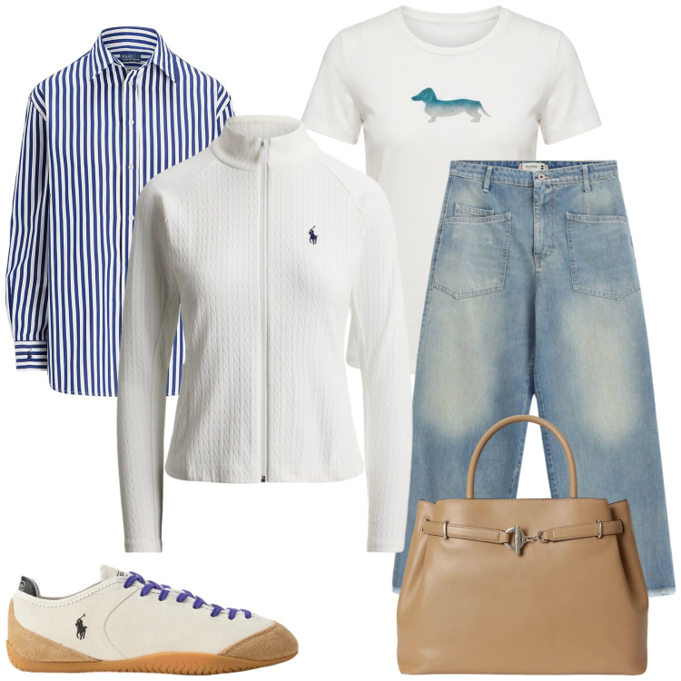 Outfit donna - Total look #2486759. Stile Casual chic per Tutti i giorni. Abbinamento con t-shirt, camicie, sneakers, borse a mano, blazer, jeans.