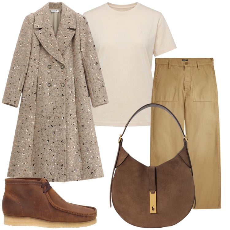 Outfit donna - Total look #2486763. Stile Glamour per Tutti i giorni. Abbinamento con t-shirt, borse a spalla, pantaloni, cappotti, stivaletti.