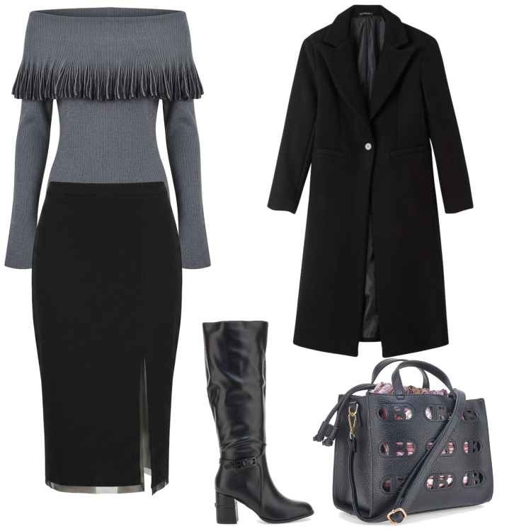 Outfit donna - Fringe & Tailored: Grigio & nero. Stile Glamour per Serata fuori. Abbinamento con cappotti, gonne longuette, maglieria, borse a mano, stivali.