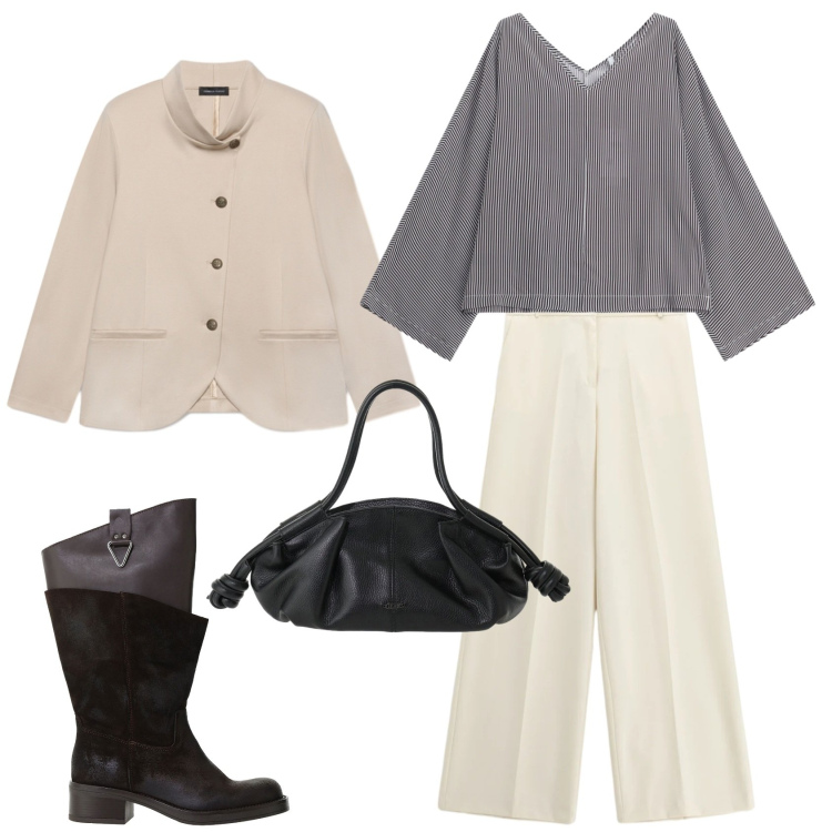 Outfit donna - Total look #2486777. Stile Glamour per Scuola/Università. Abbinamento con t-shirt, pantaloni a palazzo, borse a mano, stivali, blazer.