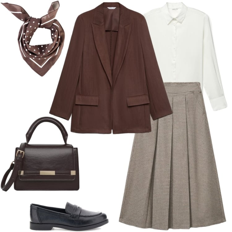 Outfit donna - Maxi gonna a pieghe. Stile Preppy per Tutti i giorni. Abbinamento con borse a tracolla, blazer, gonne longuette, camicie, mocassini, foulard.
