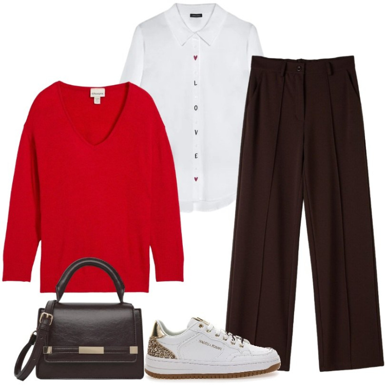 Outfit donna - La camicia con dettaglio romantico. Stile Sporty chic per Tutti i giorni. Abbinamento con camicie, borse a tracolla, pantaloni, sneakers, maglieria.