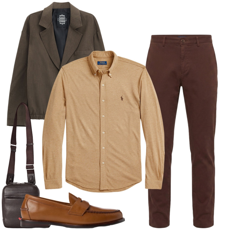 Outfit uomo - Total look #2486783. Stile Casual per Tutti i giorni. Abbinamento con pantaloni, borse sportive, giacche, camicie, scarpe stringate.