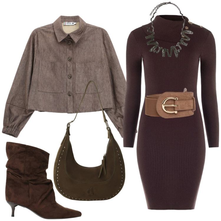 Outfit donna - Total look #2486785. Stile Urban per Tutti i giorni. Abbinamento con stivali, cappotti, borse a spalla, cinture, ciondoli, vestiti asimmetrici.