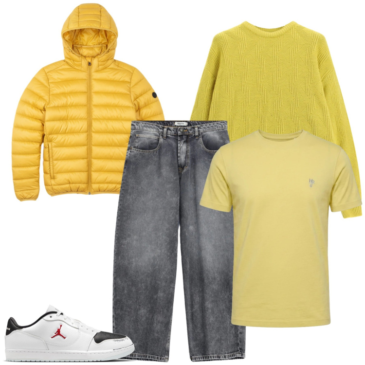 Outfit uomo - Total look #2486794. Stile Casual per Tutti i giorni. Abbinamento con t-shirt, jeans, maglieria, bomber, sneakers.