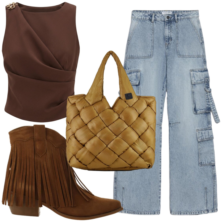Outfit donna - Moderno e originale. Stile Casual per Tutti i giorni. Abbinamento con stivaletti texani, canottiere, borse tote, jeans.