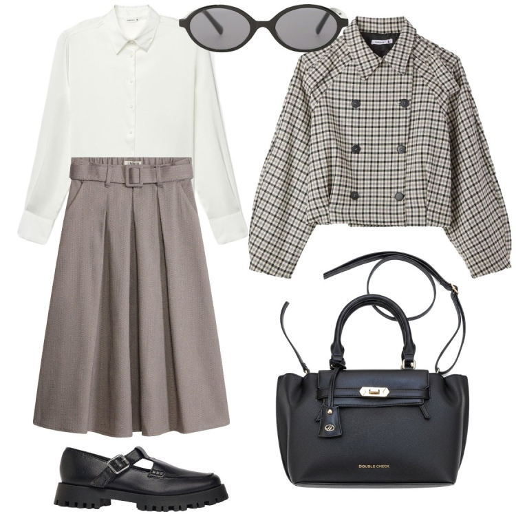 Outfit donna - Autunno preppy. Stile Preppy per Tutti i giorni. Abbinamento con occhiali da sole, caban, camicie, mocassini, borse a mano, gonne.