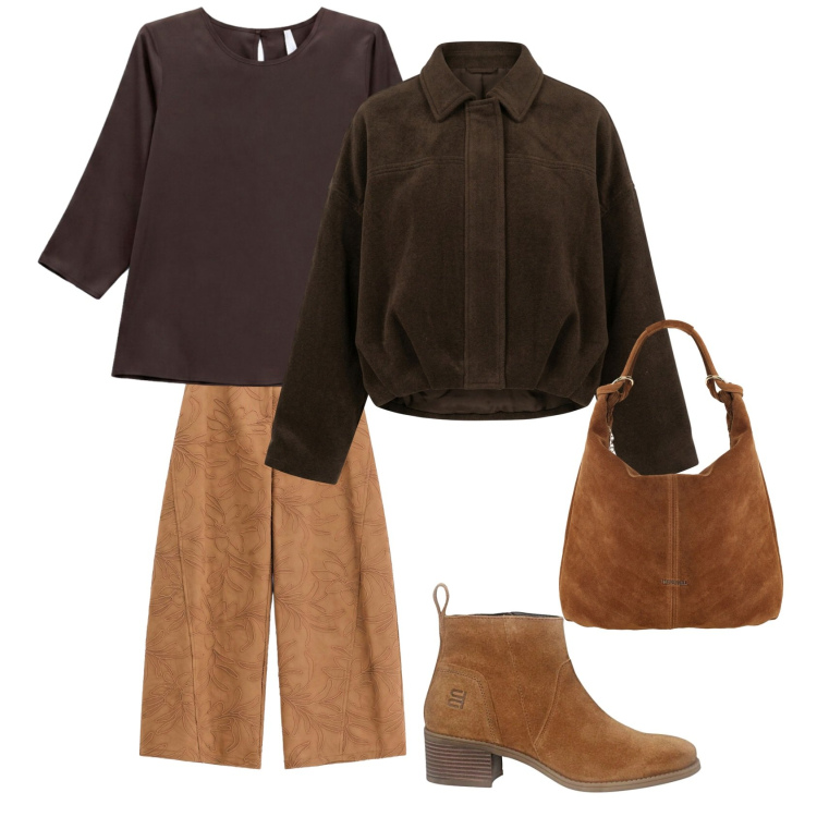 Outfit donna - Casual chic. Stile Casual chic per Tutti i giorni. Abbinamento con pantaloni a palazzo, bluse, borse a spalla, bomber, stivaletti.