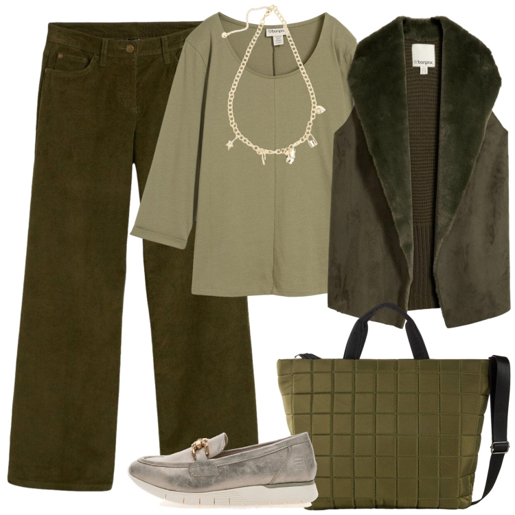 Outfit donna - La capiente borsa verde trapuntata. Stile Trendy per Tutti i giorni. Abbinamento con pantaloni, piumini, maglieria, shopping bag, mocassini, collane.