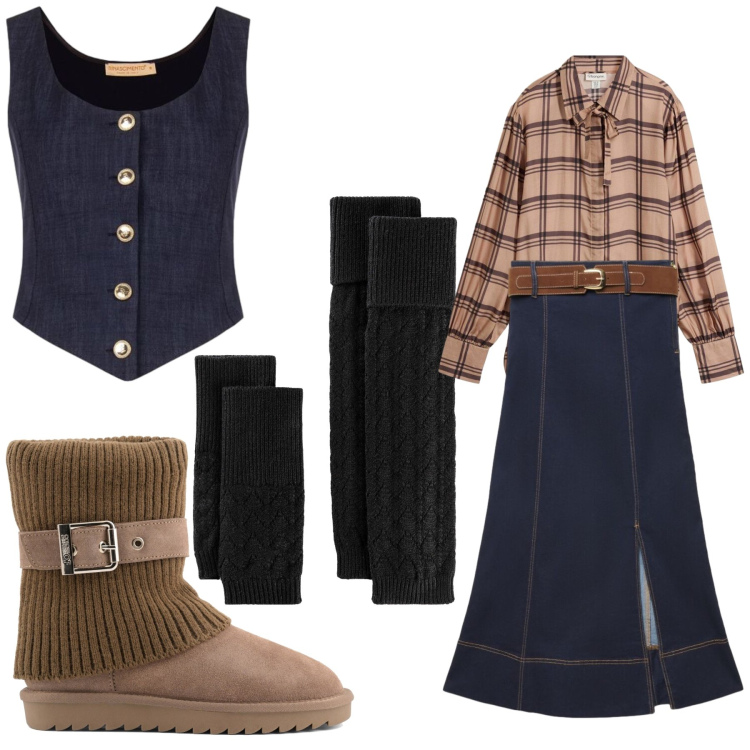 Outfit donna - Un inverno originale. Stile Casual per Tutti i giorni. Abbinamento con gilet, gonne lunghe, calzini, stivaletti, camicie.
