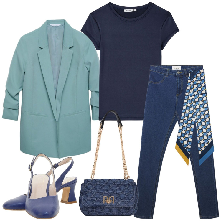 Outfit donna - Total look #2486807. Stile Casual chic per Tutti i giorni. Abbinamento con foulard, borse a spalla, blazer, t-shirt, jeggings, décolleté.