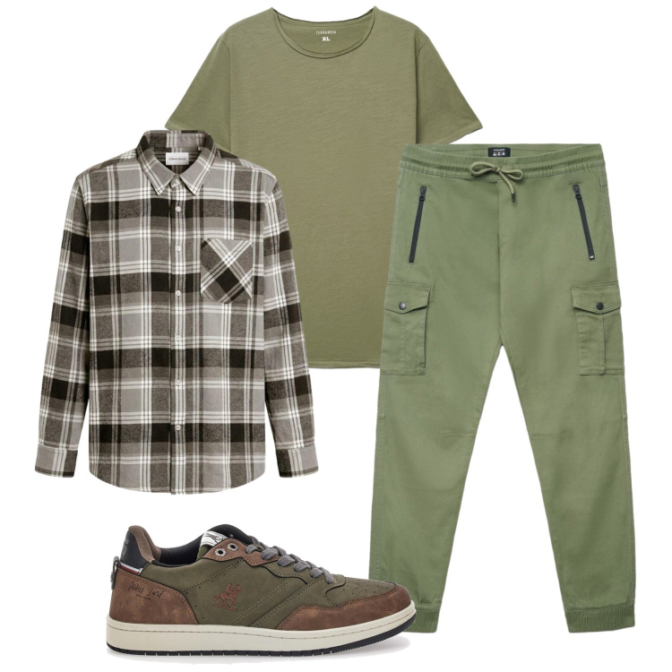 Outfit uomo - Total look #2486808. Stile Trendy per Tutti i giorni. Abbinamento con pantaloni cargo, t-shirt, sneakers, camicie.