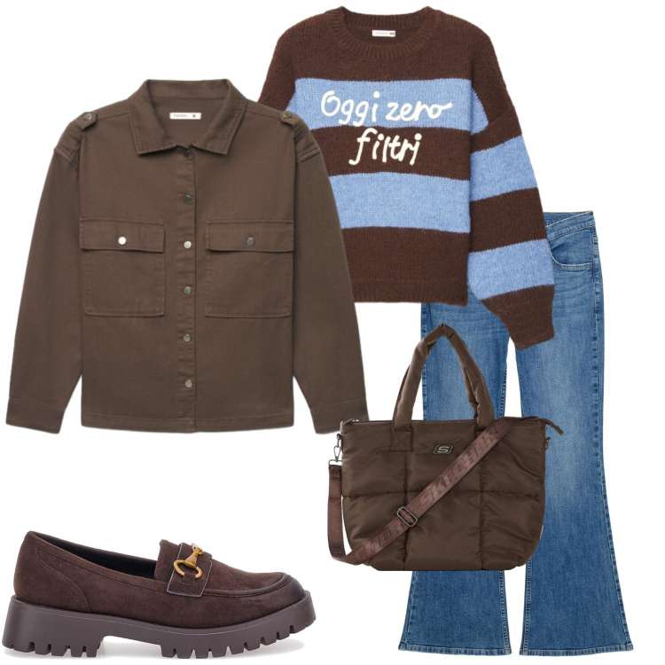 Outfit donna - In città. Stile Casual chic per Tutti i giorni. Abbinamento con maglieria, cappotti, mocassini, shopping bag, jeans a zampa.