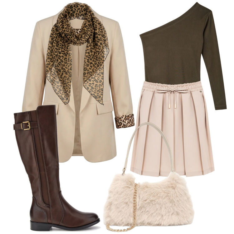 Outfit donna - Total look #2486810. Stile Glamour per Tutti i giorni. Abbinamento con t-shirt, borse a spalla, minigonne, blazer, foulard, stivali sopra il ginocchio.