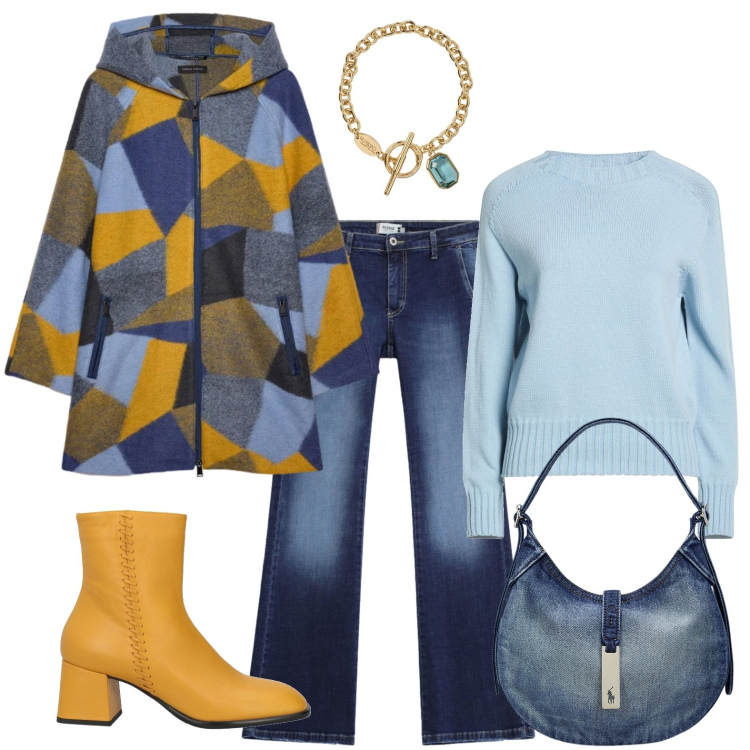 Outfit donna - Pioggia in arrivo. Stile Basic per Tutti i giorni. Abbinamento con cappotti, borse a spalla, braccialetti, jeans, stivaletti, pullovers.