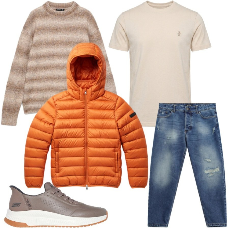 Outfit uomo - Total look #2486820. Stile Casual per Tutti i giorni. Abbinamento con t-shirt, jeans strappati, bomber, maglieria, sneakers.