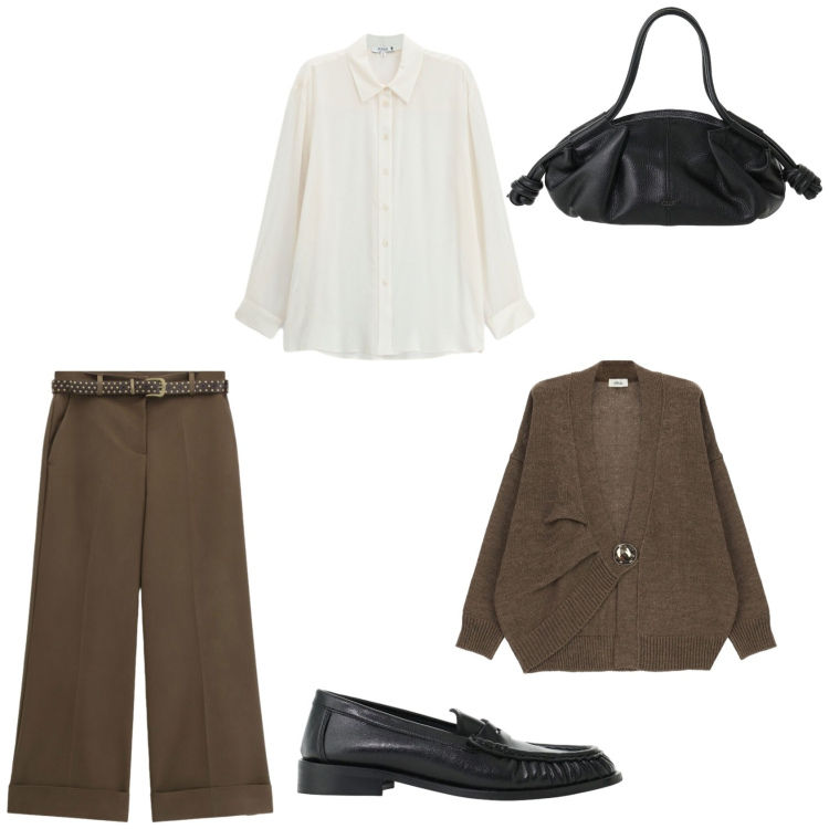 Outfit donna - Total look #2486827. Stile Casual per Tutti i giorni. Abbinamento con mocassini, camicie, cardigans, pantaloni a palazzo, borse a mano.