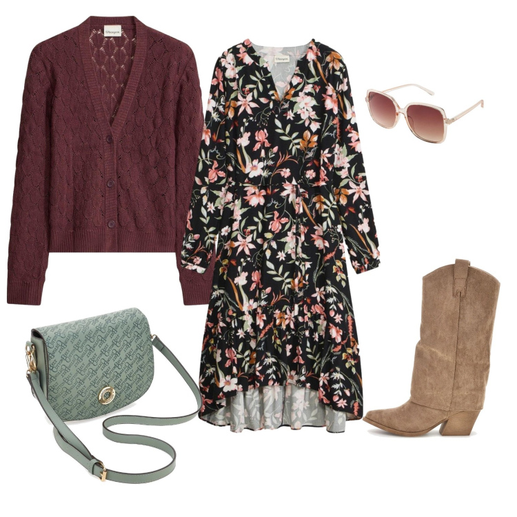 Outfit donna - Foglie e fiori. Stile Romantica per Tutti i giorni. Abbinamento con vestiti midi/longuette, cardigans, stivali, borse a tracolla, occhiali da sole.