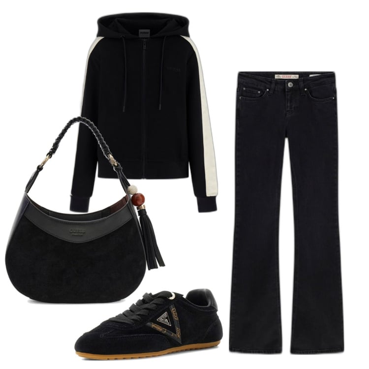 Outfit mujer - Basic look. Estilo Basic para Todos los días. Combinación con sneakers, sudaderas con capucha, vaqueros bootcut, bolsos de hombro.