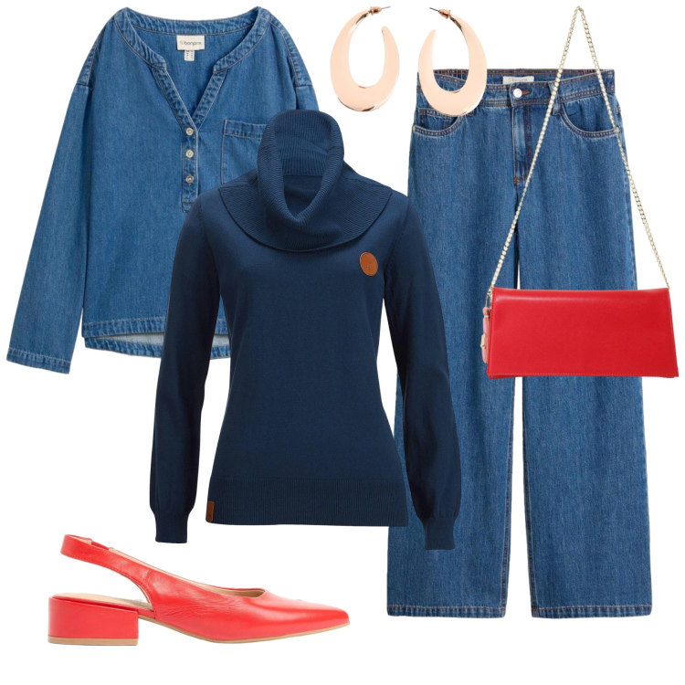 Outfit donna - Autunno Sporty Chic in Denim & Rosso. Stile Sporty chic per Tutti i giorni. Abbinamento con borse a tracolla, bluse, jeans, maglieria, décolleté, orecchini.
