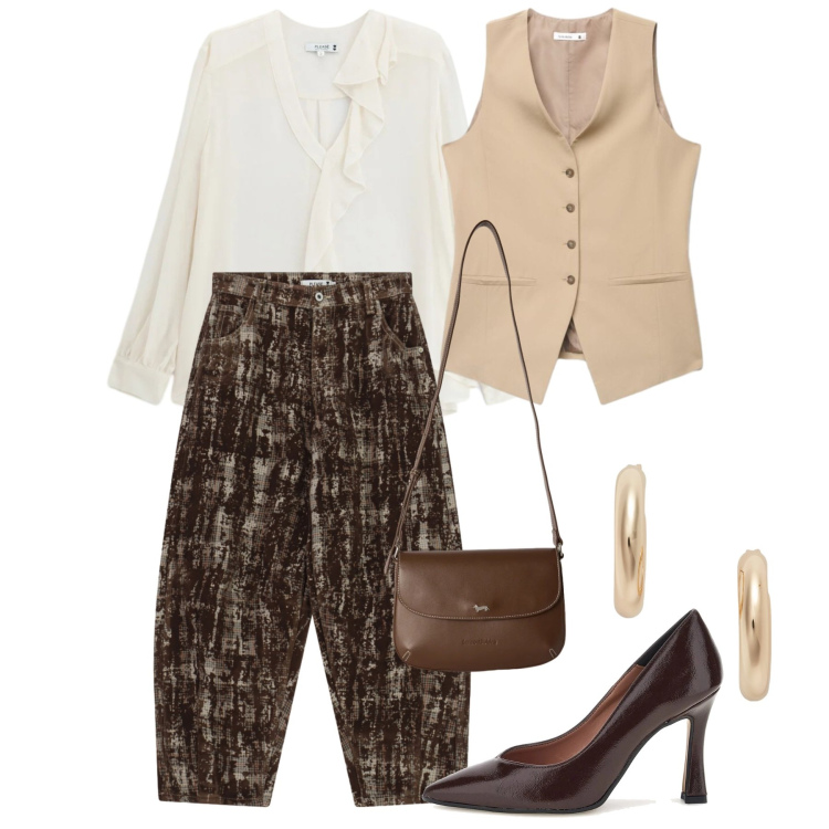 Outfit donna - Aperitivo in galleria. Stile Chic per Serata fuori. Abbinamento con borse a tracolla, orecchini, pantaloni, bluse, gilet, décolleté.