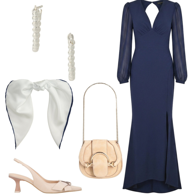 Outfit donna - Total look #2486851. Stile Glamour per Cerimonia. Abbinamento con foulard, orecchini, vestiti lunghi, décolleté, marsupi.