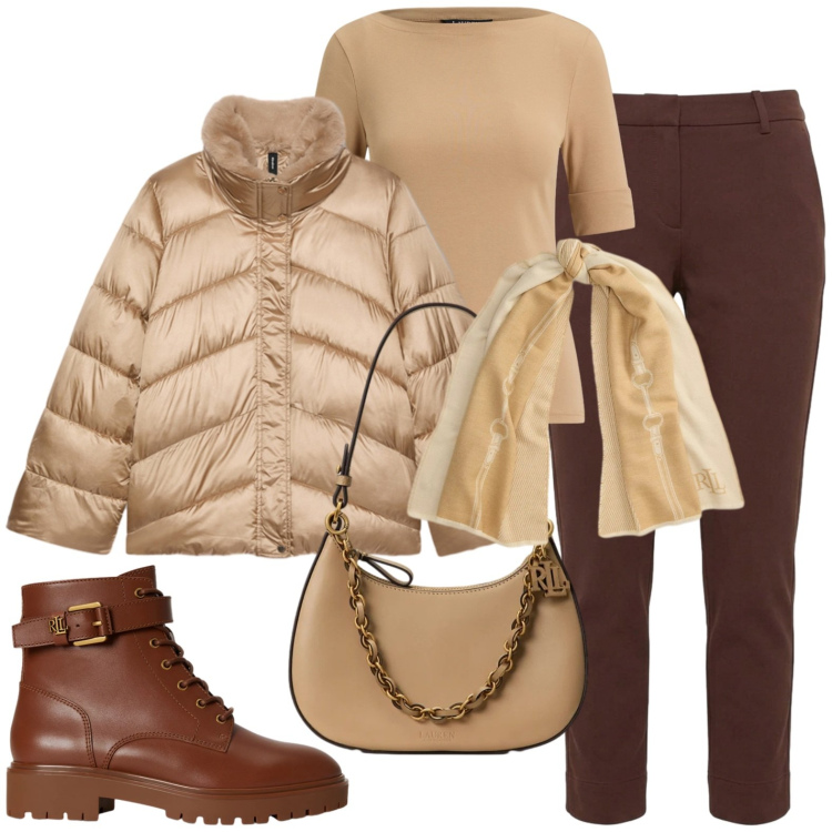 Outfit donna - Ufficio. Stile Casual per Ufficio. Abbinamento con pantaloni, piumini, t-shirt, borse a spalla, anfibi, sciarpe.