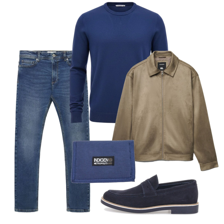 Outfit uomo - Ottobre. Stile Casual per Tutti i giorni. Abbinamento con giacche, jeans skinny, scarpe stringate, portafogli, maglieria.