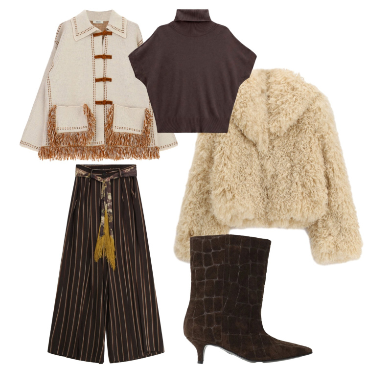 Outfit donna - Cream. Stile Casual chic per Tutti i giorni. Abbinamento con t-shirt, stivali, ecopellicce, pantaloni a palazzo, cardigans.
